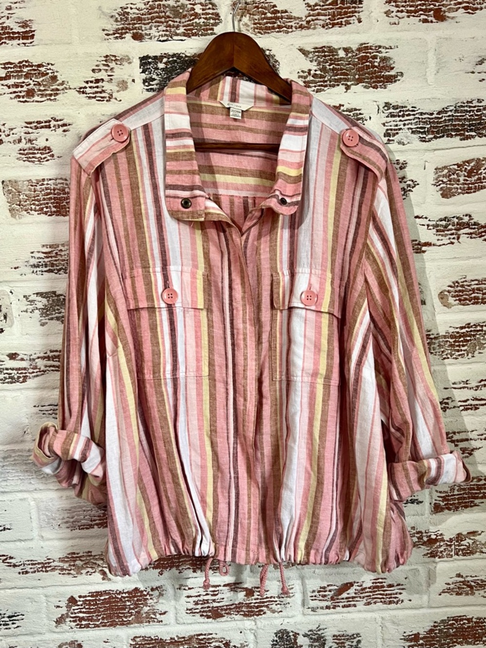 Women’s Shirt Shacket Linen Blend Zip Up Roll Tab Sleeves Drawstring Stripe